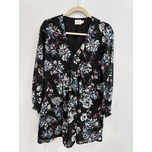 Time & Tru Black/Blue Floral Midi Dress Size Small Long Sleeve Lined Ruffle